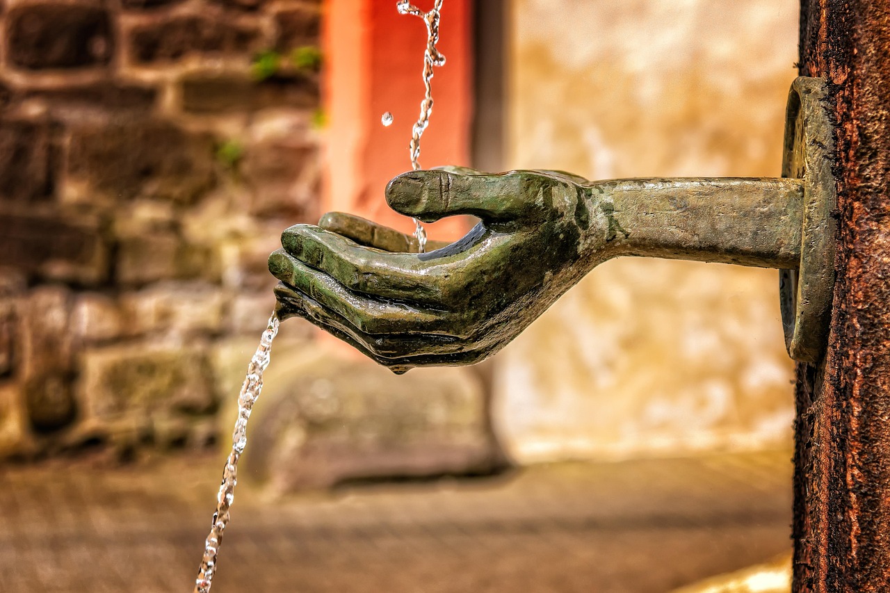 fountain, water, flow, wet, water feature, lapping, water jet, hands, close up, drink, refresh, to clean, symbol, give, take, nature, quiet, power, recover, peaceful, enjoy, drops