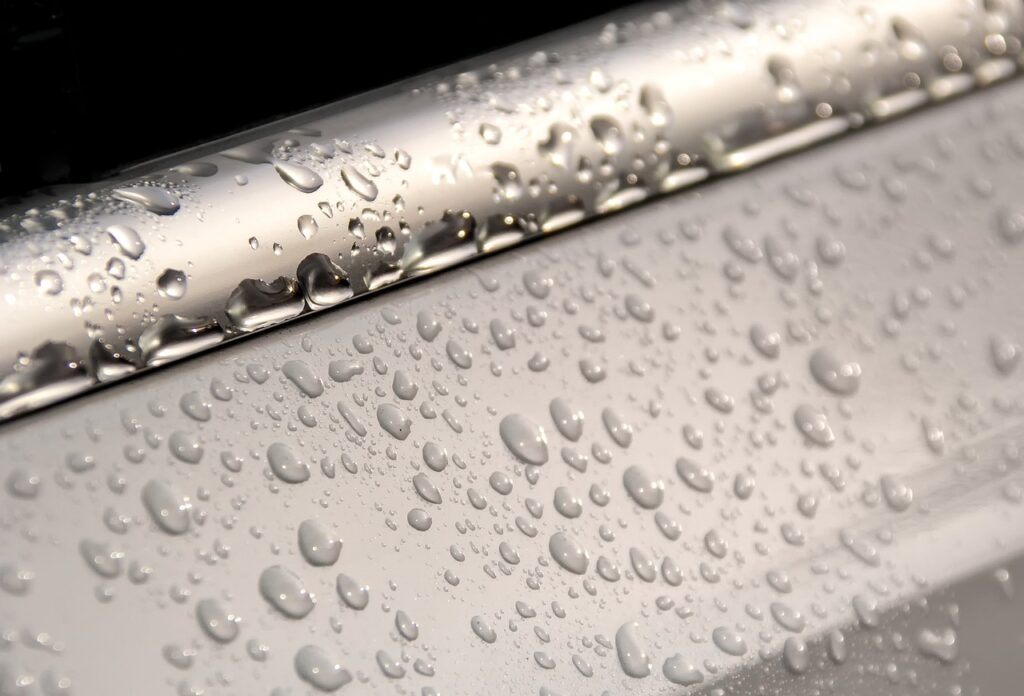 waterdrop, metal, aluminum, white, silver, nature, anodized, automobile, car, wet, drops, car wallpapers, raindrop, liquid, fluid, rain, to wash, roll off, glittering, painted, water pearls