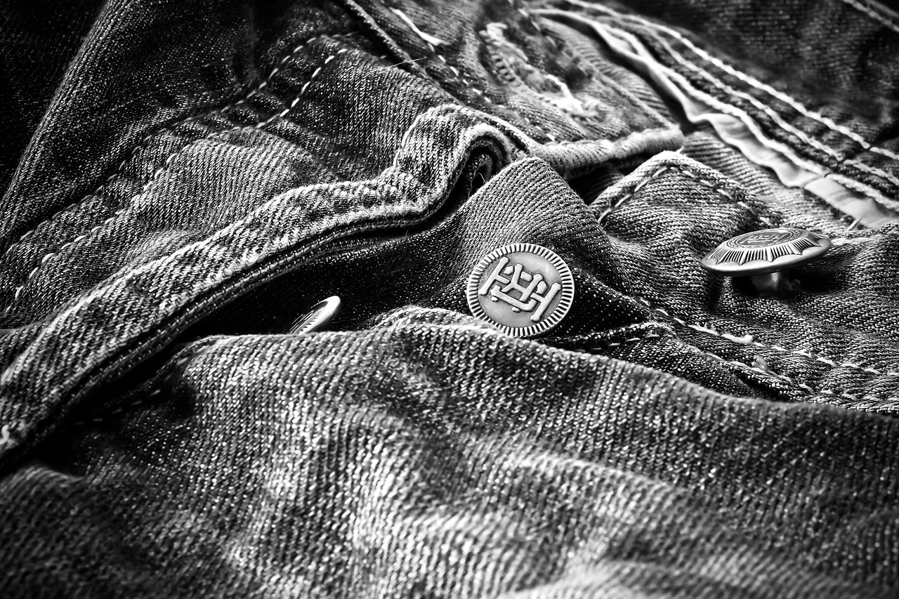 jeans, clothing, trousers, fashion, metal, detail shot, fashionable, textiles, used, stitched, structure, buttons, natural material, close up, structures, black-and-white, sw, contrast