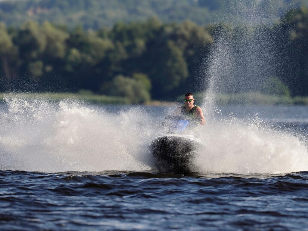 man, nature, jet ski, waves, splash, spray, riding, water, coastline, sport, recreation