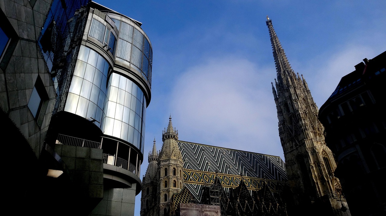 stephansdom, vienna, nature, haas house, architecture, building, church, austria, culture, heaven, clouds, blue, story, glass, church tower