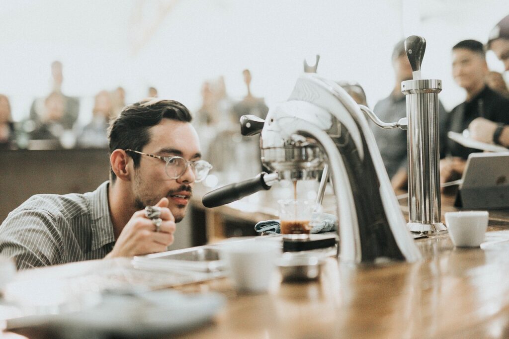coffee, maker, machine, hot, drink, brewed, espresso, table, people, man, guy, barista, coffeehouse, barista, barista, barista, barista, barista