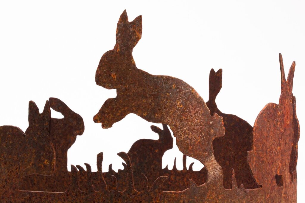 easter, easter bunny, nature, rabbit ring, laser cut, metal, rust, rusty, sculpture, spring, easter decoration, figure, leap, spoon, ear, rabbit ear