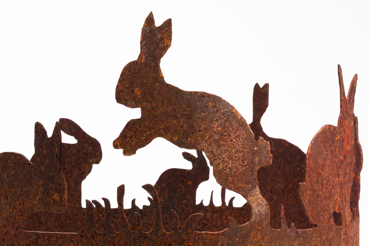 easter, easter bunny, nature, rabbit ring, laser cut, metal, rust, rusty, sculpture, spring, easter decoration, figure, leap, spoon, ear, rabbit ear