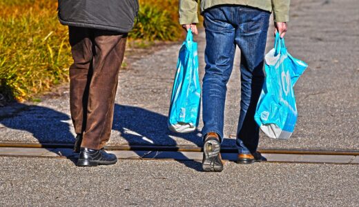 man, person, people, together, two, two people, walking, movement, motion, shopping bag, groceries, plastic bag, carrying, hand, road, outdoor, sunny, brown road, brown shopping, brown walking, brown shop, brown grocery, brown groceries, brown together, shopping bag, shopping bag, plastic bag, plastic bag, plastic bag, plastic bag, plastic bag