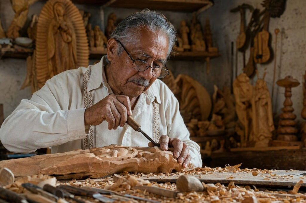 woodcarving, craftsman, workshop, handmade, carver, wood, art, sculpture, mexico, craftsmanship, concentration, traditional, older man, determination, work detail, tools, details, sculpting, skill, old craftsmen