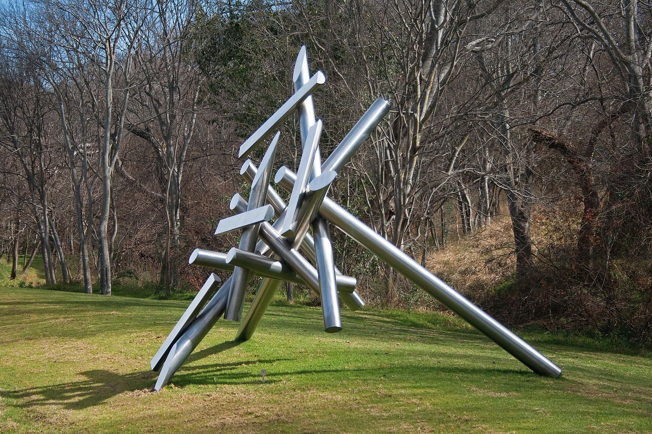 sculpture, modern, structure, metal, intersected, triangles, shiny, park, art, unique